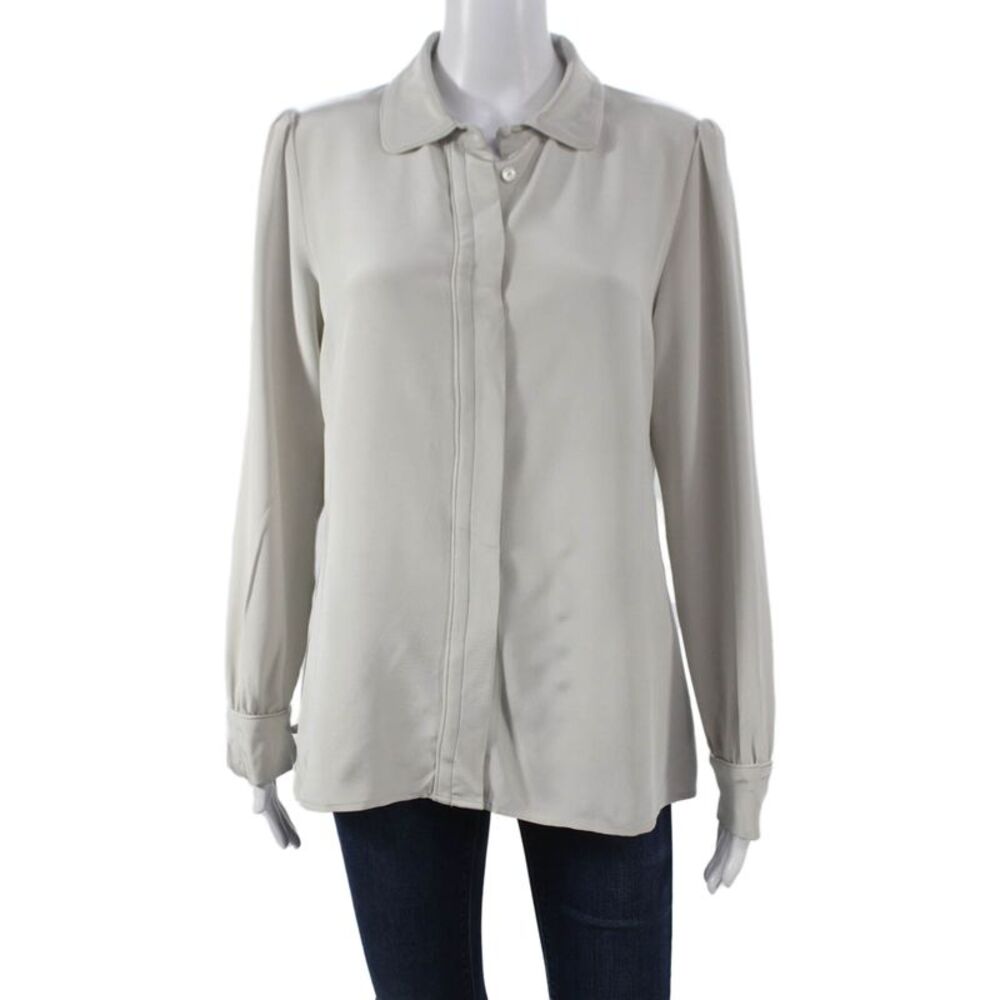 Goat Women Basic Silk Collared Button Long Sleeve Beige Blouse Size 8